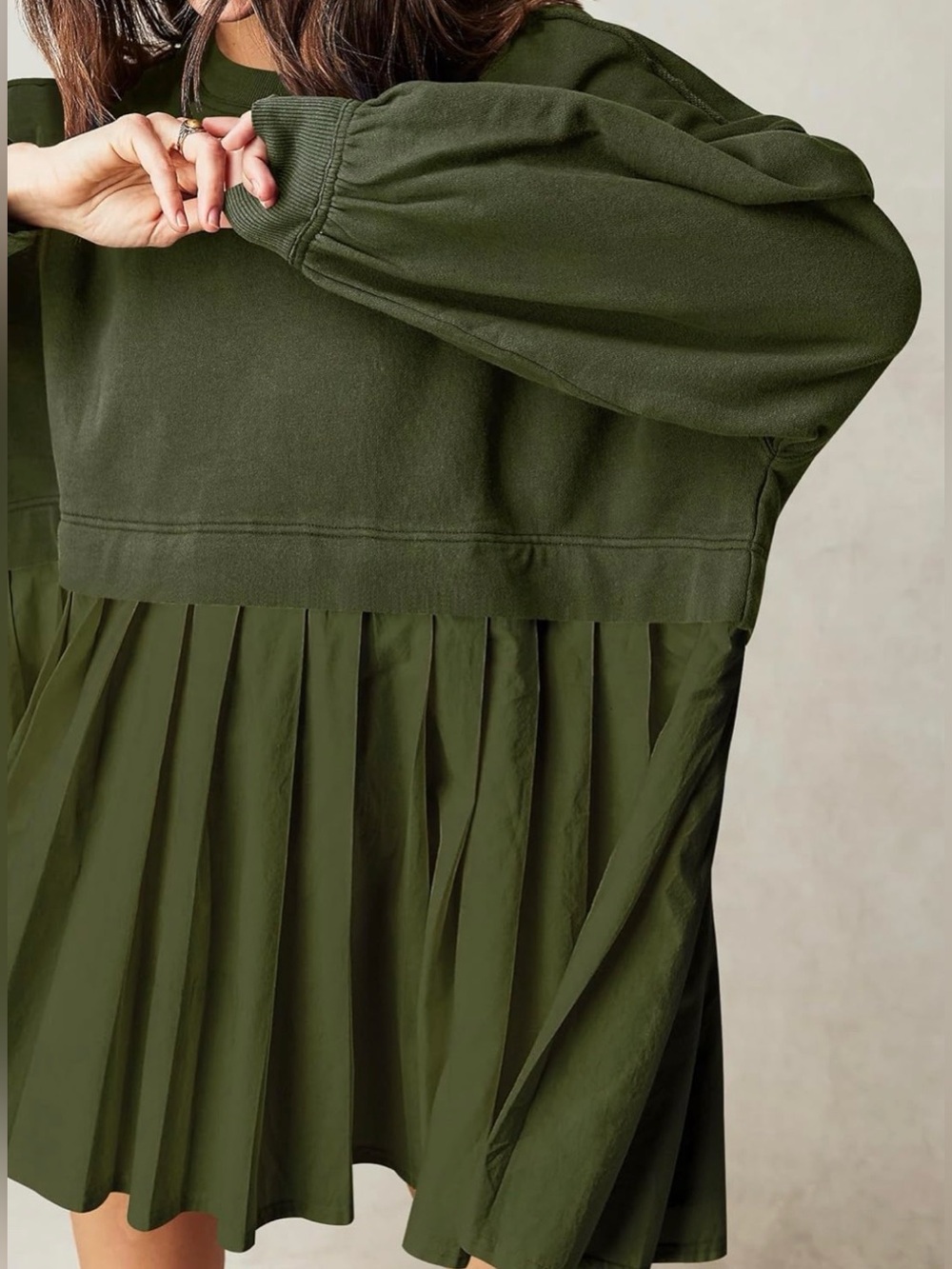 Olive Green Pleated Oversized Sweatshirt Dress - Picture 6 of 8